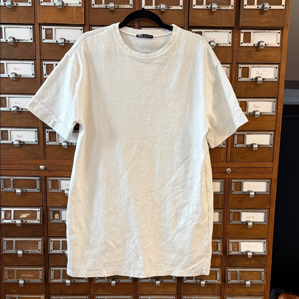 Zara White T-Shirt Dress Distressed Edge Sleeve Size Large